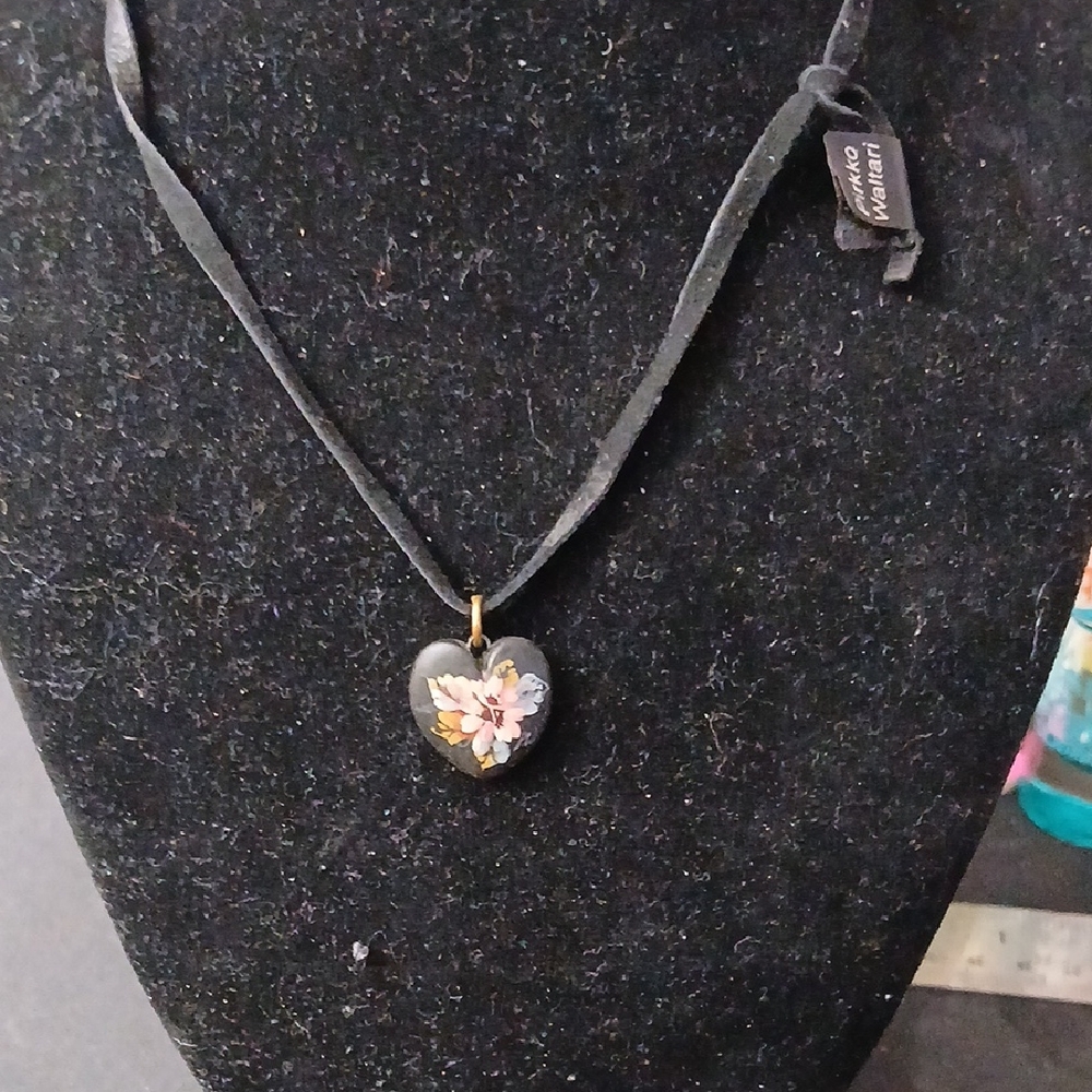 Hand Painted By Pirkko Waltari Heart Pendant Necklace with Floral Design